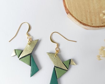 "Manon" earrings in recycled leather, origami bird spirit