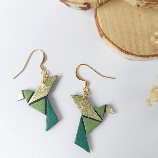 Boucles d'oreilles "Manon" en cuir recyclé, esprit origami oiseau