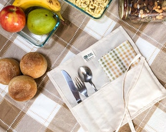 Organic Cotton Utensil Wrap - All-in-One Napkin and Utensil Travel Set Holder for School & Work