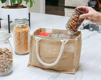 Reusable Jute Jar Carrier (2 PACK): Refillery & Bulk Shopping Bag w/ dividers