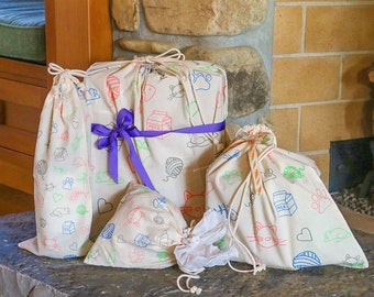 Reusable Cat Pawprint Gift Bag Set - Organic Cotton Holiday Wrapping Paper Replacement