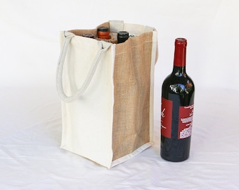 Canvas & Jute Wine Tote (2 PACK) - 4 Pocket Organic Cotton Gift Bag + Bottle Carrier