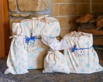 Reusable Snowflake Gift Bag Set - Organic Cotton Wrapping Paper Replacement