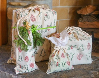 Reusable Pine Tree Gift Bag Set - Organic Cotton Holiday Wrapping Paper Replacement