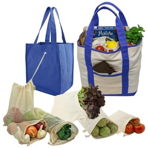 8 Bag Grocery Shopping Set Organic Cotton Reusable Produce Bags & Tote Set for Farmers Market, Traveling, more image 2