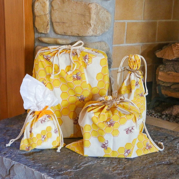 Reusable Honeybee Gift Bag Set - Organic Cotton Wrapping Paper Replacement