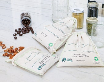 Organic Cotton Bulk Bin Bags - Printed with Tare Weight, Volume Fill Lines, & Secure Closure for Mason Jar Filling