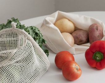 Reusable Mesh & Muslin Produce Bag Set - Organic Cotton Vegetable Shopping + Storage Bags