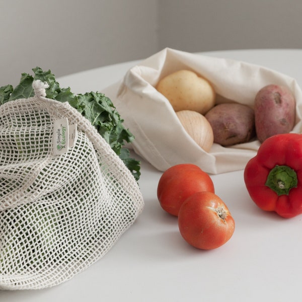 Reusable Mesh & Muslin Produce Bag Set - Organic Cotton Vegetable Shopping + Storage Bags