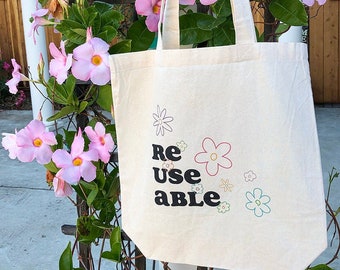Retro Flower Reusable Folding Organic Cotton Tote Bag