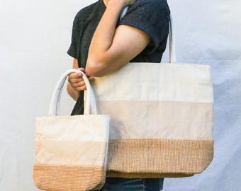 Striped 3 Color Shoulder Bag - Cotton + Jute Carry On Travel & Beach Tote
