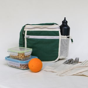 Organic Cotton Insulated Lunch Bag GOTS Certified Canvas Lunch Box for Work and School Groen