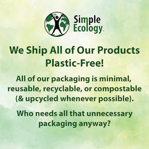 May include: A green and white watercolor background with a green logo of a person standing on a globe. The text "Simple Ecology." is in green. The text "We Ship All of Our Products Plastic-Free!" is in green. The text "All of our packaging is minimal, reusable, recyclable, or compostable (& upcycled whenever possible). Who needs all that unnecessary packaging anyway?" is in green.
