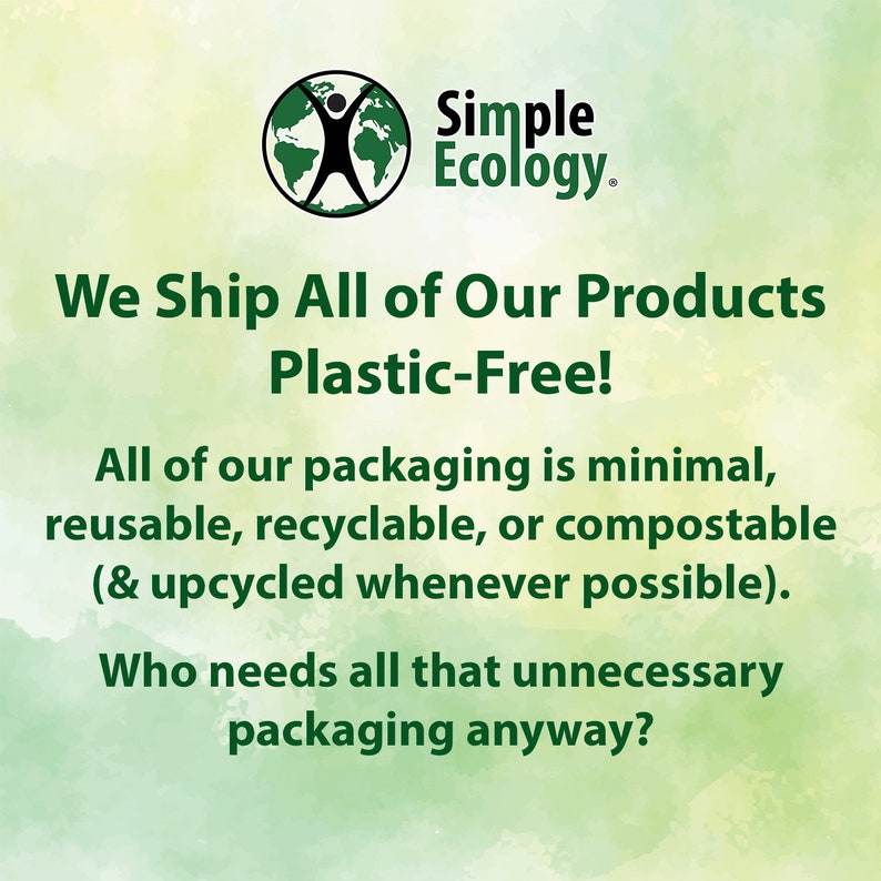 May include: A green and white watercolor background with a green logo of a person standing on a globe. The text "Simple Ecology." is in green. The text "We Ship All of Our Products Plastic-Free!" is in green. The text "All of our packaging is minimal, reusable, recyclable, or compostable (& upcycled whenever possible). Who needs all that unnecessary packaging anyway?" is in green.