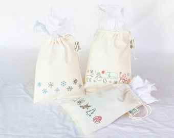Small Cotton Holiday Gift Wrap Bags - 3 Pack Reusable Fabric Wrapping Paper & Packaging