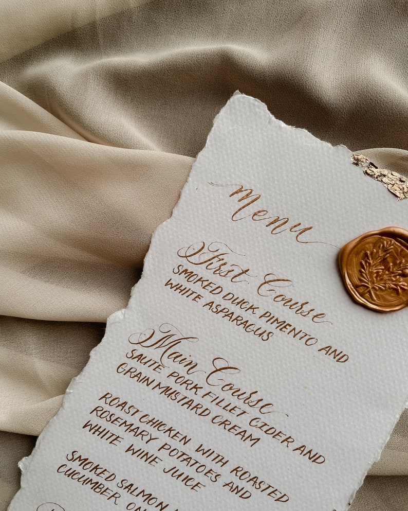 Handmade Calligraphy Menu With Gold Flakes and Wax Seal Vintage Classic ...