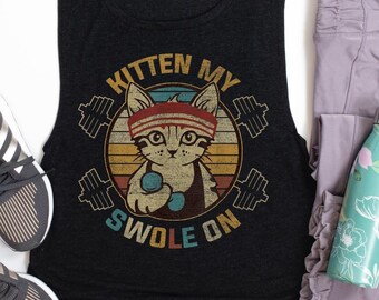 Cute Kitten with Vintage Flowers Tank Top Vintage Parrot Gym Wear Dance Wear Palm Tree Fitness Clothing Yoga Top Cherub Long Fitted