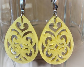 cabochon earrings Yellow mandala pattern studs stainless steel posts.