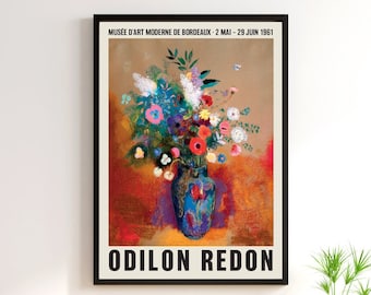 Flower in vase Print, Bouquet Art, Vintage art print, Floral Art Print, Odilon Redon exhibition poster print, Vintage flowers, Museum print
