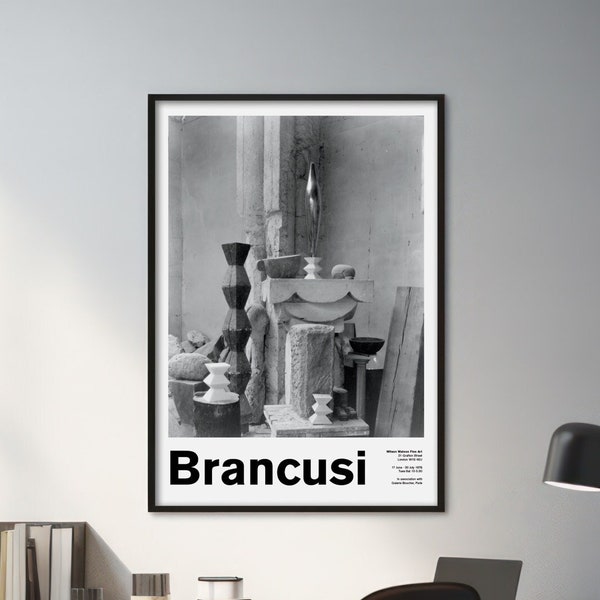 Affiche de l'exposition Constantin Brancusi style 1978, impression d'art monochrome, qualité musée, typographie suisse, affiche sculpture