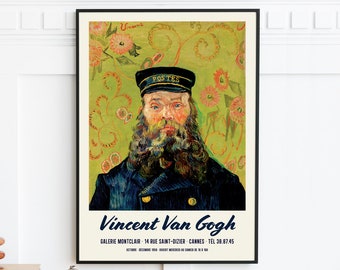 May include: A vintage poster featuring a painting of a man wearing a blue cap with the word "POSTES" on it. The man has a thick beard and is wearing a blue jacket. The background is a green and yellow floral pattern. The poster includes the text "Vincent Van Gogh" and "GALERIE MONTCLAIR 14 RUE SAINT-DIZIER CANNES TÉL 38.87.45".