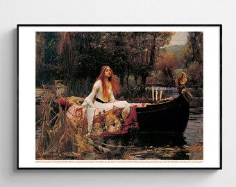 May include: Framed print of a Pre-Raphaelite painting depicting a woman with long red hair in a boat on a river. She wears a white dress and sits on a decorative blanket. The artwork is set in a natural landscape with trees and water.