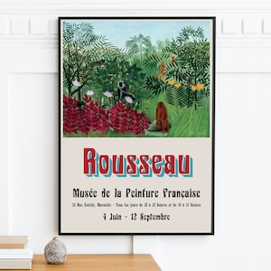 Henri Rousseau Druck, Tropischer Wald mit Affen, Museum Ausstellungsplakat, Salbeigrüne tropische Blätter Botanische Tiere Vintage Wandkunst