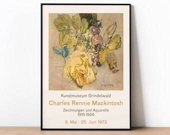 Charles Rennie Mackintosh-affisch, vinterrosutställningsaffisch, Mackintosh-tryck, jugendväggkonst, konsthantverkstryck, akvarell