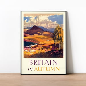 Gran Bretaña en otoño paisaje de viaje cartel vintage, Inglaterra Gales Escocia impresión, arte de la década de 1950