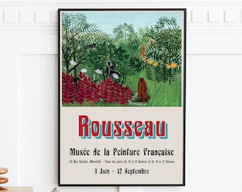 Henri Rousseau Print, Tropical Forest With Monkeys, Museum Exhibition Poster, Sage Green Tropical Leaves Botanical Animals Vintage Wall Art