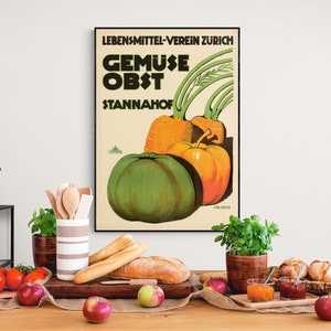 Vintage Schweizer Lebensmittelgenossenschaft Plakat 1914 von Sebastian Oesch - Obst & Gemüse Werbekunst für Küchendekor und Liebhaber der Schweizer Geschichte