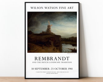 Rembrandt Exhibition Poster, The Mill, Dutch Landscape Painting, Vintage Art Print, Art Collectible, Gift For Art Lover, Windmill Picture