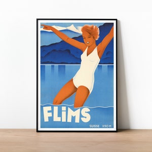 Flims Schweiz Berg Sommer Urlaub Vintage Schwimmen Poster