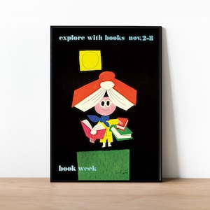 Geschenk für Buchliebhaber, Paul Rand Kinderwoche Plakat, Vintage Werbeplakat, USA 1958 Druck, Bibliothekskunst