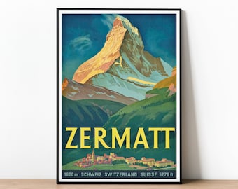 1933 Art Deco Swiss Travel Poster by Carl Moos - Zermatt & Iconic Matterhorn - Vintage Tourism, Wall Art, Design History Collectible Print