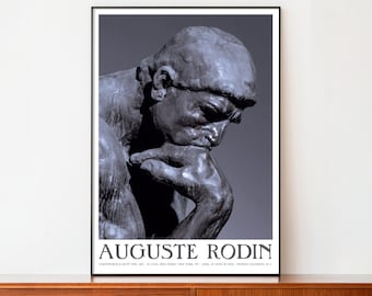 Plakat wystawowy Auguste'a Rodina „Myśliciel” – francuska sztuka rzeźbiarska, Galeria w Nowym Jorku, wydruk w jakości muzealnej, plakat w stylu vintage lat 50. XX wieku