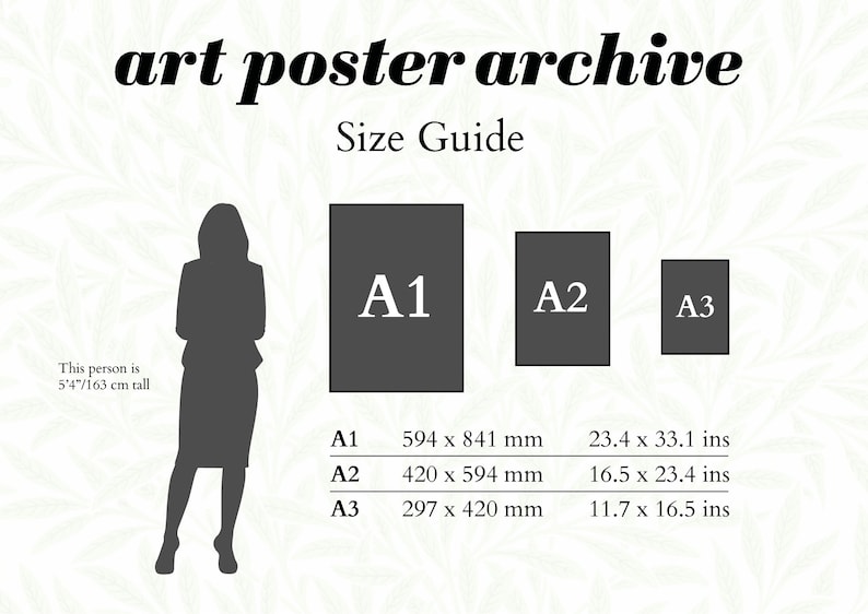 May include: A size guide for art prints, showing the dimensions of A1, A2, and A3 paper sizes in both inches and millimeters. A silhouette of a person is shown for scale.