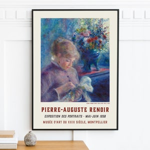 May include: A vintage poster advertising an exhibition of portraits by Pierre-Auguste Renoir. The poster features a painting of a woman in a purple dress, holding a white object. The text on the poster reads "Pierre-Auguste Renoir, Exposition des Portraits, Mai-Juin 1958, Mus&eacute;e d'Art du XXIX Si&egrave;cle, Montpellier."