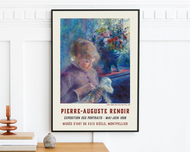 May include: A vintage poster advertising an exhibition of portraits by Pierre-Auguste Renoir. The poster features a painting of a woman in a purple dress, holding a white object. The text on the poster reads "Pierre-Auguste Renoir, Exposition des Portraits, Mai-Juin 1958, Mus&eacute;e d'Art du XXIX Si&egrave;cle, Montpellier."