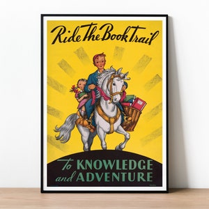 Ride The Book Trail To Knowledge and Adventure, cartel publicitario vintage, impresión de EE. UU., idea de regalo única para cualquier amante de los libros o lector ávido