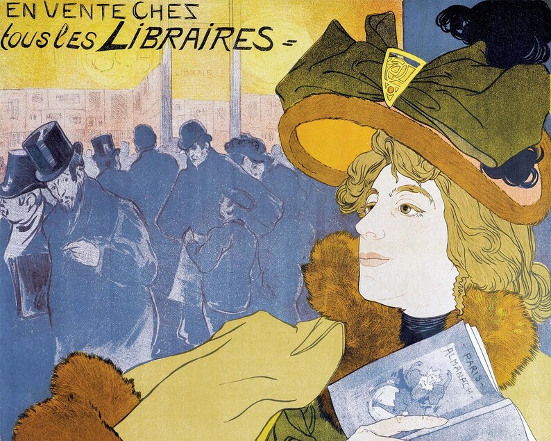 May include: A woman in a yellow and brown fur coat and a large green hat holds a book titled "Paris Almanach". The text "En vente chez tous les Libraires" is at the top of the image.