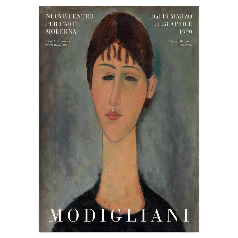 May include: A poster advertising an exhibition of artwork by Amedeo Modigliani. The poster features a portrait of a woman with a long neck and dark hair. The text on the poster reads "NUOVO CENTRO PER L'ARTE MODERNA" and "MODIGLIANI".