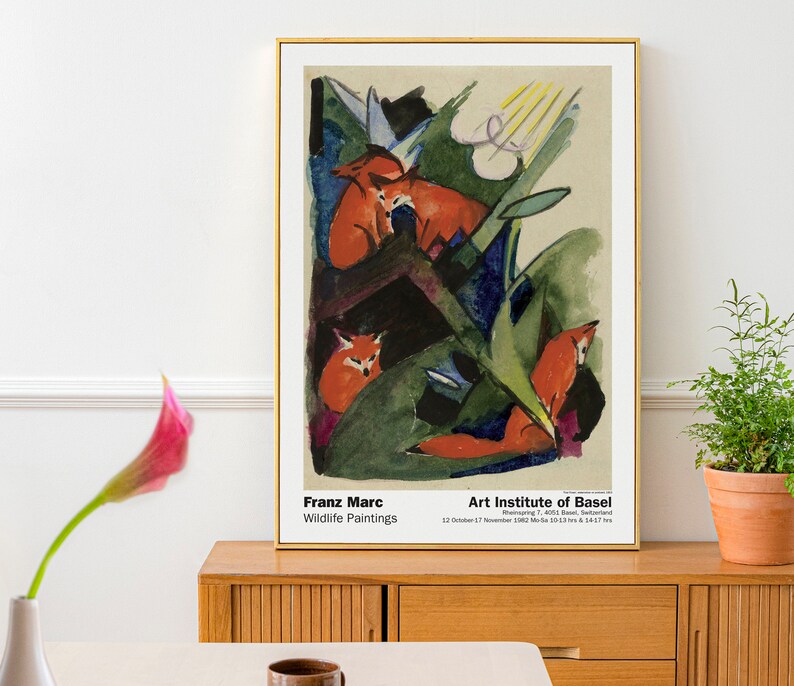 Fyra rävar, Franz Marc utställningsaffisch, tryck av museikvalitet, rävmålning, vintage väggdekor, expressionist, rävkonst, djurtryck bild 2