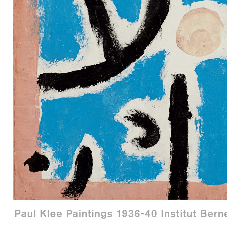 May include: Abstract painting with black, white, and blue shapes on a pink background. The painting is titled "Paul Klee Paintings 1936-40 Institut Berne".