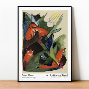 Fyra rävar, Franz Marc utställningsaffisch, tryck av museikvalitet, rävmålning, vintage väggdekor, expressionist, rävkonst, djurtryck bild 1