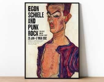 Egon Schiele Punkrockaffisch, Museumstryck, Egon Schiele-affisch, Schiele-tryck, Plakat, Utställningsaffisch, Biofilm med David Bowie-affisch