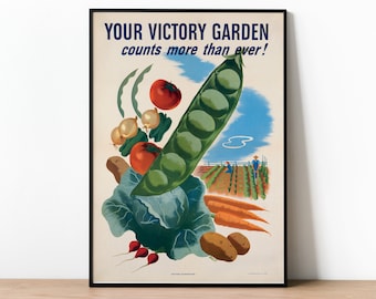 Póster de jardinería en tiempos de guerra "Tu huerto de la victoria", lámina "Cava para un huerto de la victoria", arte culinario de la Segunda Guerra Mundial, idea de regalo vegetariano y sostenible.