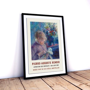 May include: A vintage poster advertising an exhibition of portraits by Pierre-Auguste Renoir at the Mus&eacute;e d'Art du XXIX Si&egrave;cle in Montpellier, France. The poster features a painting of a woman in a soft, blue and purple color scheme, holding a white object in her hands.