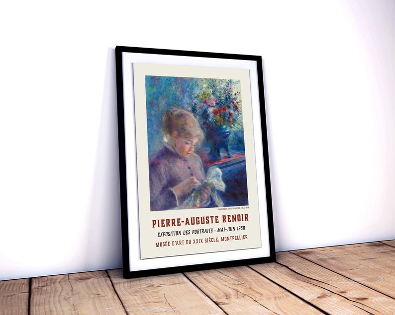 May include: A vintage poster advertising an exhibition of portraits by Pierre-Auguste Renoir at the Mus&eacute;e d'Art du XXIX Si&egrave;cle in Montpellier, France. The poster features a painting of a woman in a soft, blue and purple color scheme, holding a white object in her hands.