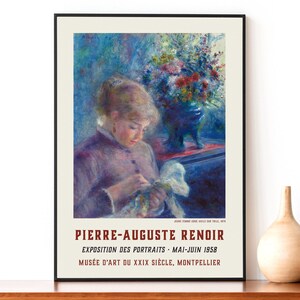 May include: A vintage poster advertising an exhibition of portraits by Pierre-Auguste Renoir. The poster features a painting of a woman in a purple dress, holding a white fabric. The text on the poster reads "Pierre-Auguste Renoir, Exposition des Portraits, Mai-Juin 1958, Mus&eacute;e d'Art du XXIX Si&egrave;cle, Montpellier."
